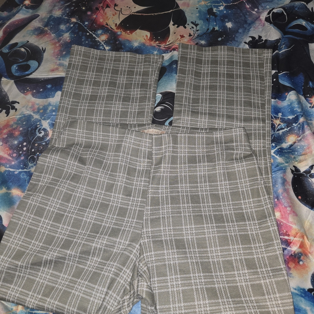 Light Olive Green And White Plaid High-Waisted Pull On Flare Pants